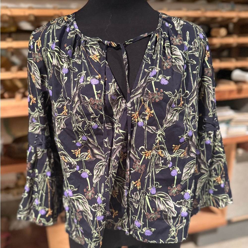 Topshop Black Blouse with Purple and Green Floral Design‎